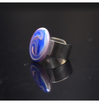 Bague en Verre Filé au Chalumeau "bleu et rose "  - acier INOXYDABLE