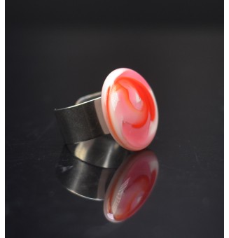 Bague en Verre Filé au Chalumeau "rose et rouge"  - acier INOXYDABLE