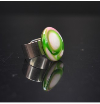 Bague en Verre Filé au Chalumeau "rose et vert"  - acier INOXYDABLE