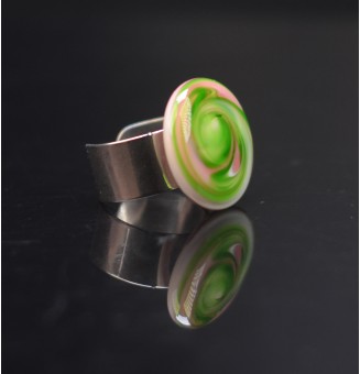 Bague en Verre Filé au Chalumeau "rose et vert"  - acier INOXYDABLE