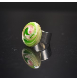 Bague en Verre Filé au Chalumeau "rose et vert"  - acier INOXYDABLE