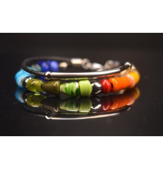 Bracelet double ARTISANAL en perles de verre "multicolore" CUIR Noir