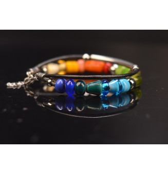 Bracelet double ARTISANAL en perles de verre "multicolore" CUIR Noir