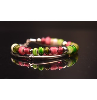 Bracelet double ARTISANAL en perles de verre "rose / vert" CUIR Noir