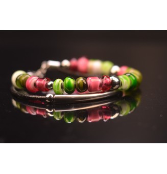 Bracelet double ARTISANAL en perles de verre "rose / vert" CUIR Noir