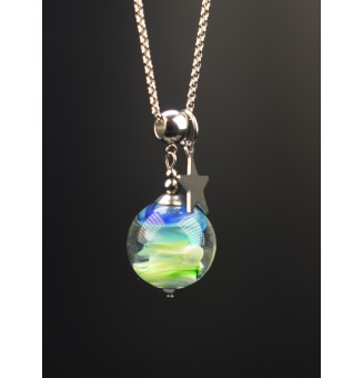 Collier « Éclat de Ciel » - 60 cm + 3 cm - bleu et vert en perles de verre filé