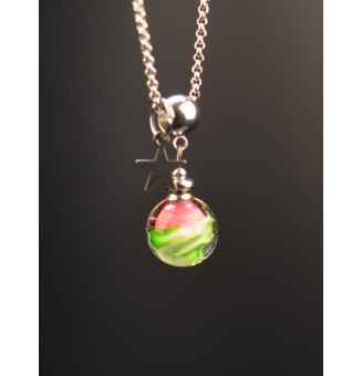 collier artisanal étoile 42 + 3 cm "vert et rose " perles de verre filé - acier inoxydable