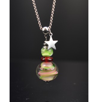 Collier « Éclat Floral » - 70 cm + 3 cm - rose et vert en perles de verre filé