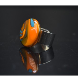 Bague en Verre Filé au Chalumeau "orange bleu  - acier INOXYDABLE