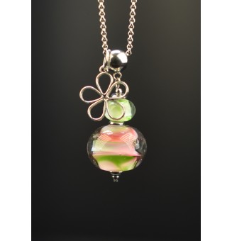 Collier « Éclat Floral » - 70 cm + 3 cm - rose et vert en perles de verre filé