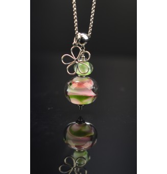 Collier « Éclat Floral » - 70 cm + 3 cm - rose et vert en perles de verre filé