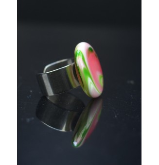 Bague en Verre Filé au Chalumeau "rose et vert"  - acier INOXYDABLE