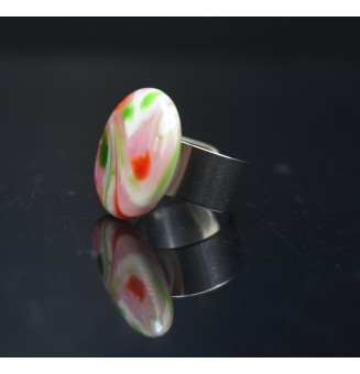 Bague en Verre Filé au Chalumeau "rose, rouge et vert"  - acier INOXYDABLE