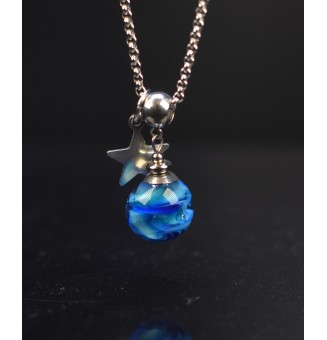 collier artisanal étoile 50 + 3 cm "BLEU" perles de verre filé - acier inoxydable