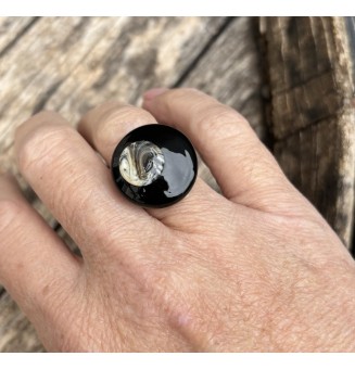 Bague en Verre Filé au Chalumeau "Noir et pierre"  - acier INOXYDABLE