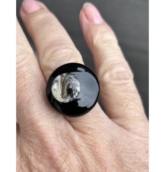 Bague en Verre Filé au Chalumeau "Noir et pierre"  - acier INOXYDABLE