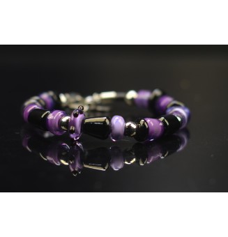 Bracelet ARTISANAL en perles de verre "noir et violet" CUIR Noir (pour poignet 16.5 à 17.5 cm)