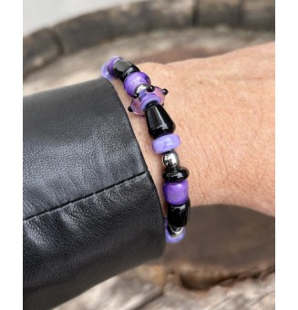 Bracelet ARTISANAL en perles de verre "noir et violet" CUIR Noir (pour poignet 16.5 à 17.5 cm)