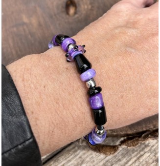 Bracelet ARTISANAL en perles de verre "noir et violet" CUIR Noir (pour poignet 16.5 à 17.5 cm)