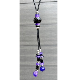 Collier Long en Cuir Noir avec Perles de Verre NOIR ET VIOLET - Nouveau Modèle Liloo Créations