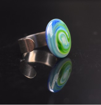 Bague (grande taille) en Verre Filé au Chalumeau "bleu et vert"  - acier INOXYDABLE