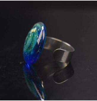 Bague (grande taille) en Verre Filé au Chalumeau "bleu et vert"  - acier INOXYDABLE