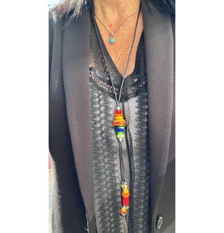 Collier Long en Cuir Noir avec Perles de Verre multicolores - Nouveau Modèle Liloo Créations