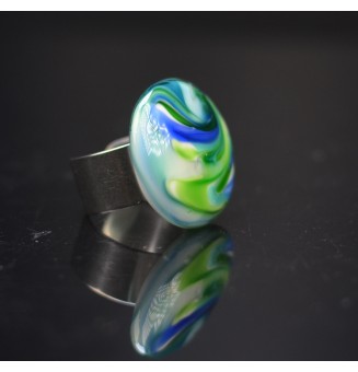 Bague en Verre Filé au Chalumeau "bleu et vert"  - acier INOXYDABLE