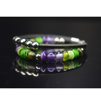 Bracelet ARTISANAL en perles de verre "Violet et vert" CUIR Noir