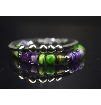 Bracelet ARTISANAL en perles de verre "Violet et vert" CUIR Noir