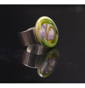 Bague en Verre Filé au Chalumeau "VIOLET et vert"  - acier INOXYDABLE