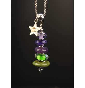 collier artisanal violet et vert en  perles de verre filé - acier inoxydable