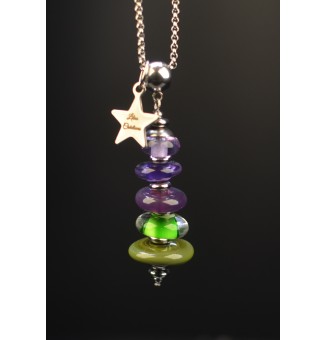 collier artisanal violet et vert en  perles de verre filé - acier inoxydable