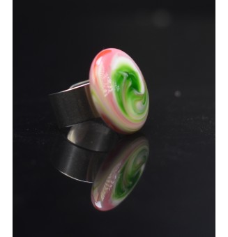 Bague en Verre Filé au Chalumeau "rose et vert"  - acier INOXYDABLE