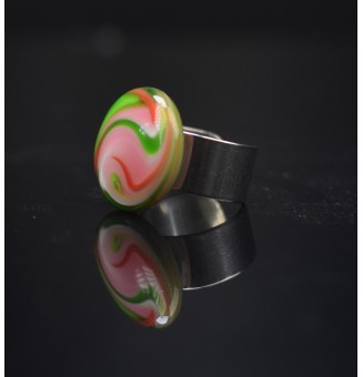 Bague en Verre Filé au Chalumeau "rose et vert"  - acier INOXYDABLE