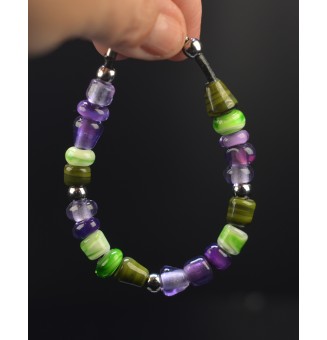 Bracelet ARTISANAL en perles de verre "Violet et vert" CUIR Noir