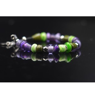 Bracelet ARTISANAL en perles de verre "Violet et vert" CUIR Noir