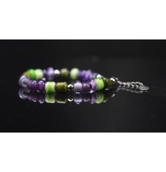 Bracelet ARTISANAL en perles de verre "Violet et vert" CUIR Noir