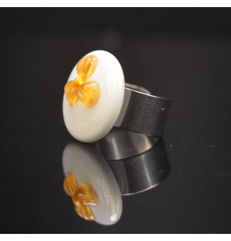 Bague en Verre Filé au Chalumeau "blanc jaune"  - acier INOXYDABLE