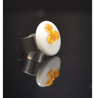 Bague en Verre Filé au Chalumeau "blanc jaune"  - acier INOXYDABLE