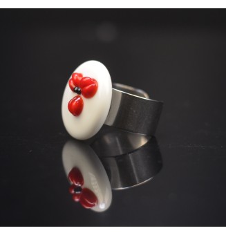 Bague en Verre Filé au Chalumeau "blanc rouge"  - acier INOXYDABLE