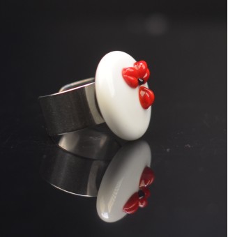 Bague en Verre Filé au Chalumeau "blanc rouge"  - acier INOXYDABLE