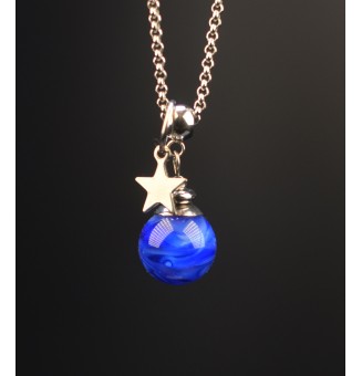 collier artisanal 45 + 3 cm "BLEU" perles de verre filé - acier inoxydable