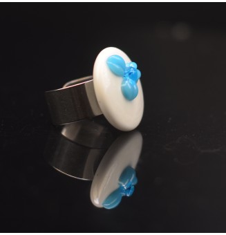 Bague en Verre Filé au Chalumeau "blanc TURQUOISE"  - acier INOXYDABLE