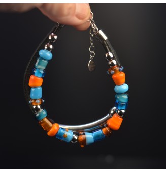 Bracelet ARTISANAL double en perles de verre "orange et turquoise" CUIR Noir