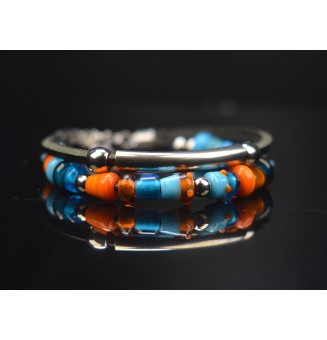 Bracelet ARTISANAL double en perles de verre "orange et turquoise" CUIR Noir