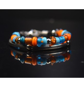 Bracelet ARTISANAL double en perles de verre "orange et turquoise" CUIR Noir