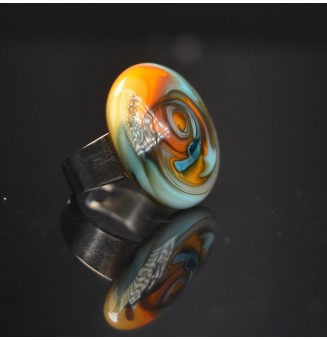 cabochon artisanal en verre "orange et turquoise" pour bague ou collier interchangeable en verre  (sans le support )