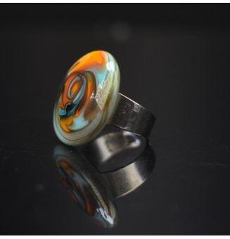 cabochon artisanal en verre "orange et turquoise" pour bague ou collier interchangeable en verre  (sans le support )