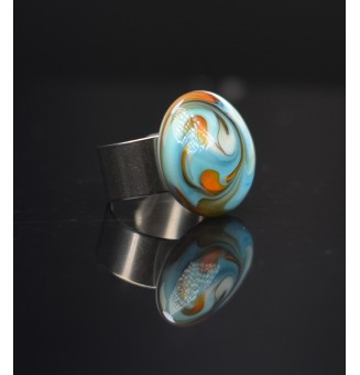 Bague en Verre Filé au Chalumeau "Turquoise orange"  - acier INOXYDABLE